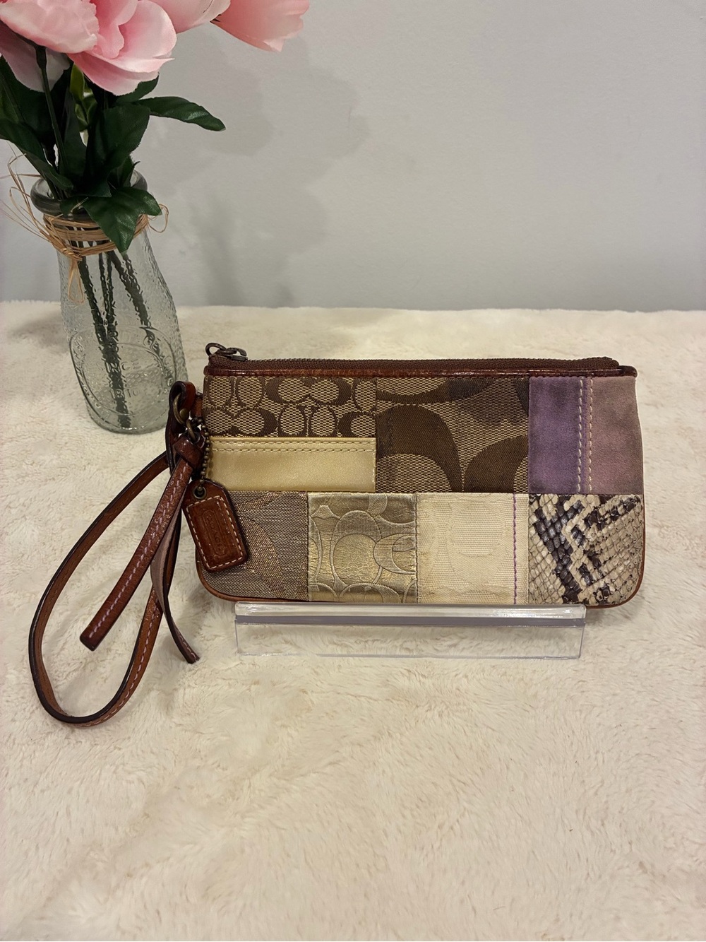 Coach Patchwork Signature Wristlet Wallet Brown Tan Suede Snake Print Y2K